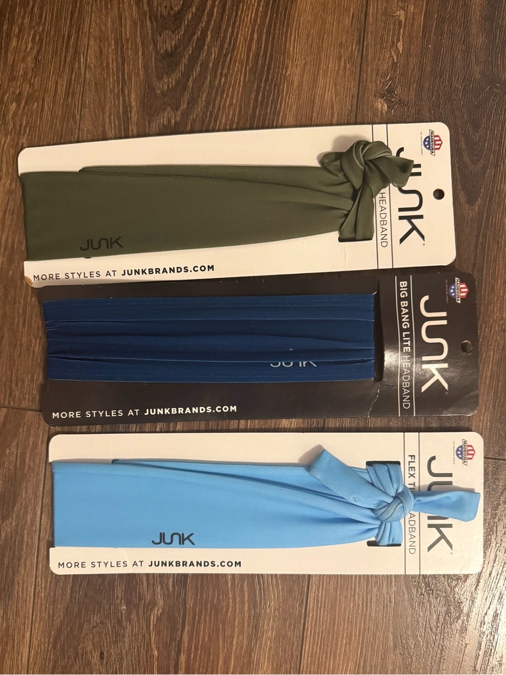3 New Workout Headbands - 2 Tie, 1 Wraparound. Olive, Blue and Light Blue OS